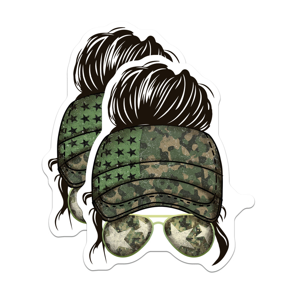 (2 Pack) Messy Bun Camo Magnets - Patriotic Woman Refrigerator Decor - Military Wife Support Items - 5 Inches On Longest Side - Thick Durable Magnet - Made in USA - MAG36717