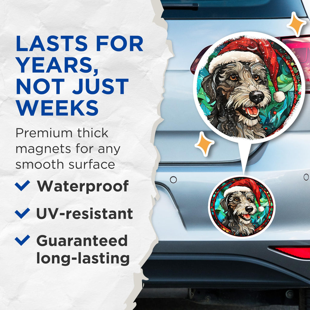(2 Pack) Festive Christmas Dog Magnets for Refrigerator - Santa Hat Terrier Stained Glass Art - Merry Holiday Puppy Pet Decor - 5 Inches On Longest Side - Thick Durable Magnet - Made in USA - MAG24945