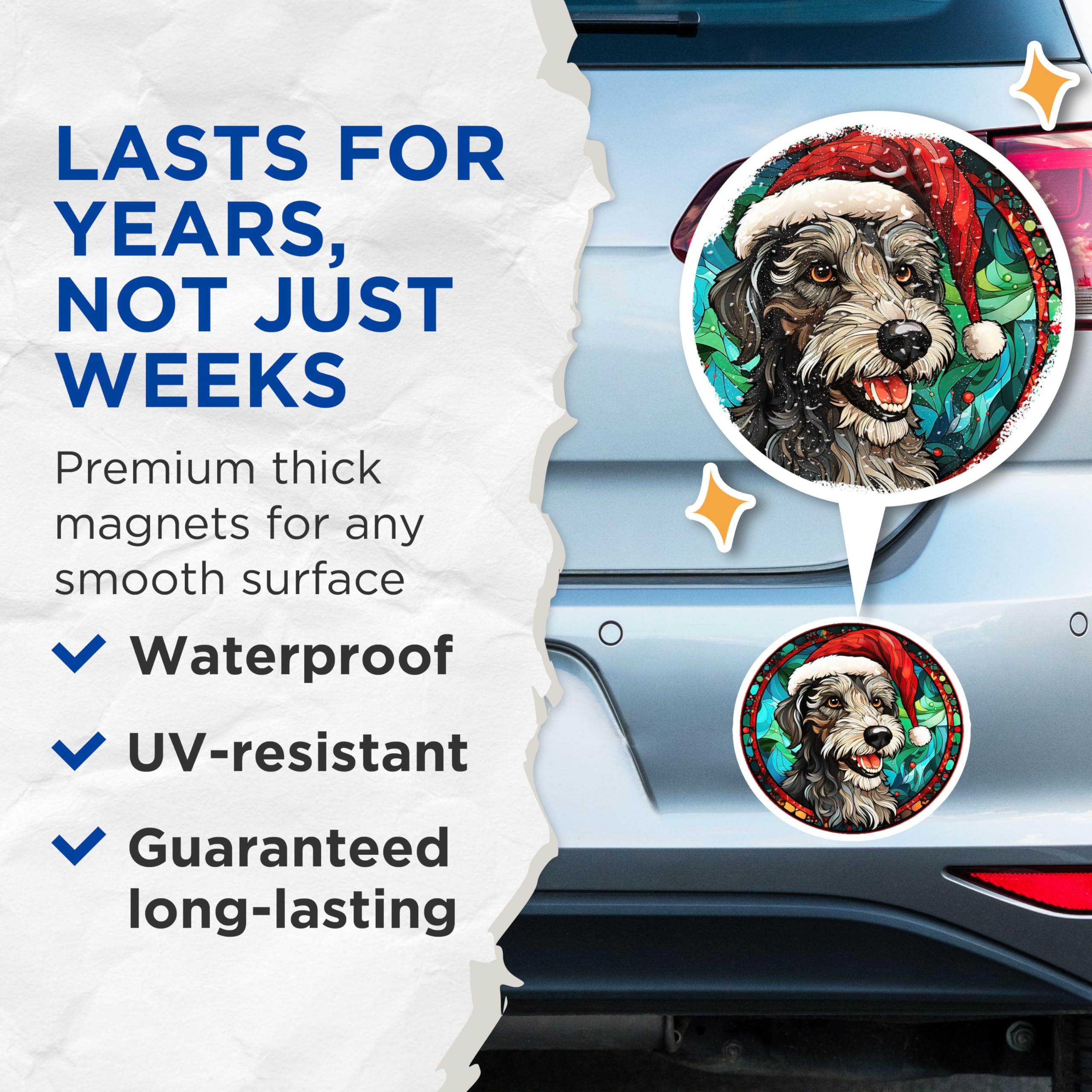 (2 Pack) Festive Christmas Dog Magnets for Refrigerator - Santa Hat Terrier Stained Glass Art - Merry Holiday Puppy Pet Decor - 5 Inches On Longest Side - Thick Durable Magnet - Made in USA - MAG24945