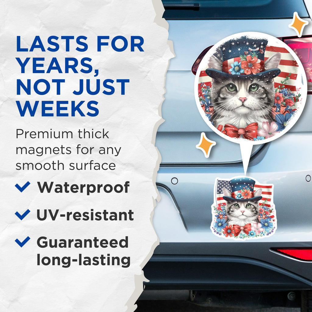 (2 Pack) Patriotic Cat Magnets - 4th of July American Flag Decor - Cute Kitty Refrigerator Decor - 5 Inches On Longest Side - Thick Durable Magnet - Made in USA - MAG39299