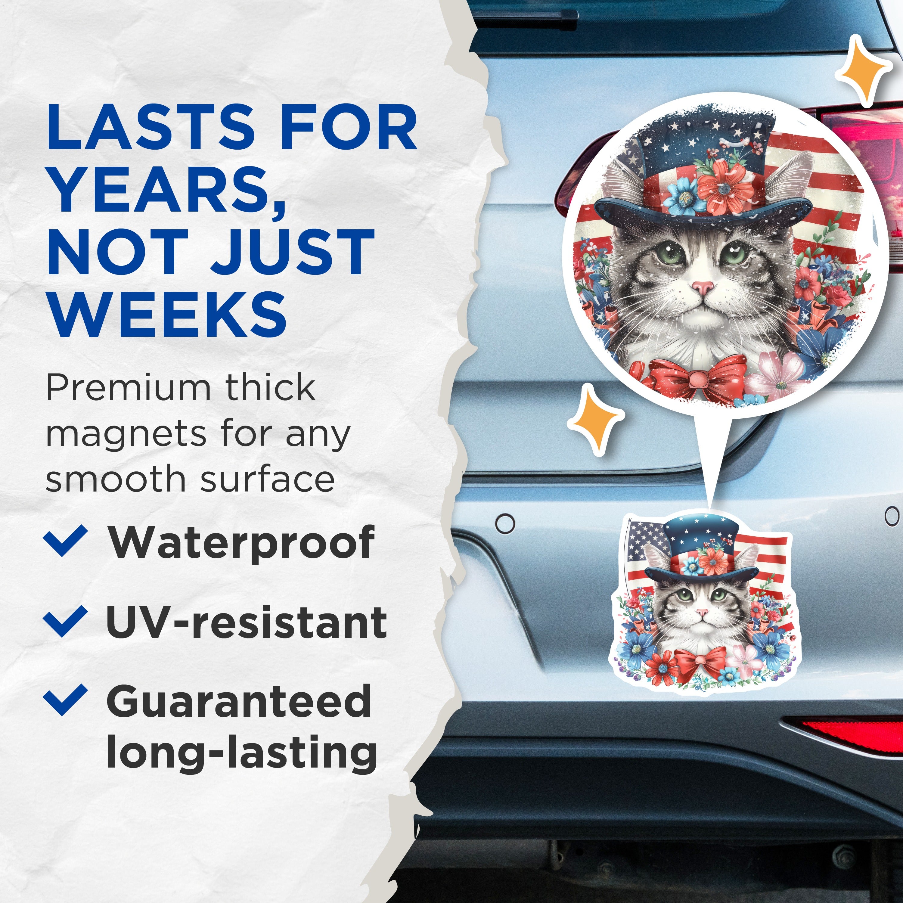 (2 Pack) Patriotic Cat Magnets - 4th of July American Flag Decor - Cute Kitty Refrigerator Decor - 5 Inches On Longest Side - Thick Durable Magnet - Made in USA - MAG39299
