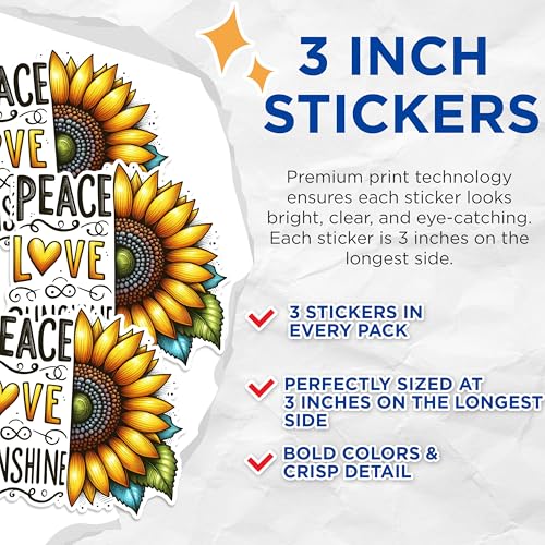 (3 Pack) Sunflower Decals - Peace Love Sunshine Decal - Laptop Decals - 3 Inches On Longest Side - Easy Peel & Apply - Made in USA - 3MCS1695