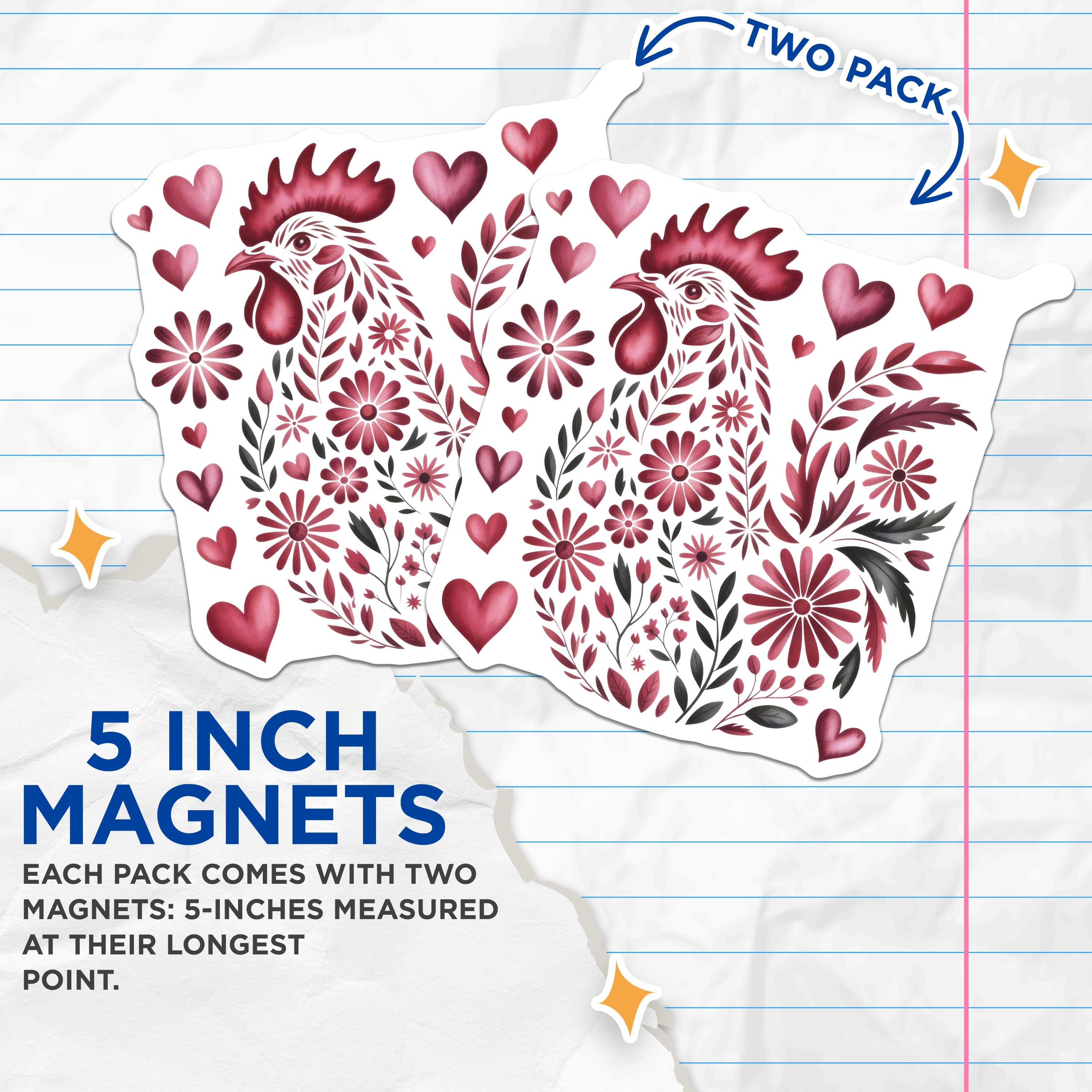 (2 Pack) Rooster Floral Folk Art Magnets - Farmhouse Kitchen Decor - Valentines Day Art for Fridge - 5 Inches On Longest Side - Thick Durable Magnet - Made in USA - MAG37375