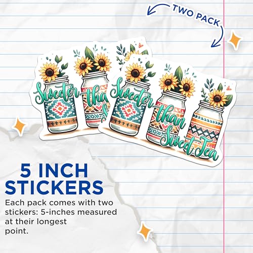 (2 Pack) Boho Sunflower Mason Jar Stickers - Aesthetic Country Kitchen Decor - Rustic Flower Art - 5" On Longest Side - Sticks to Smooth Flat Surfaces - Made in USA - BMCS8301
