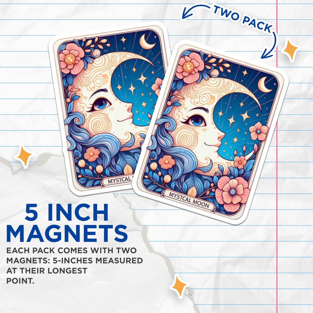 (2 Pack) Mystical Moon Face Magnets - Celestial Floral Decoration - Whimsical Dreamy Art Pieces - 5 Inches On Longest Side - Thick Durable Magnet - Made in USA - MAG21075