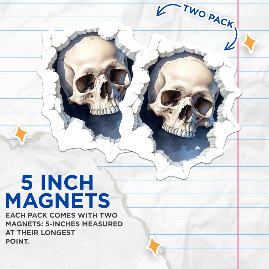 (2 Pack) Human Skull Magnets - Cracked Wall Design - Spooky Anatomy Art - Unique Halloween Fridge Accessories - 5 Inches On Longest Side - Thick Durable Magnet - Made in USA - MAG21095