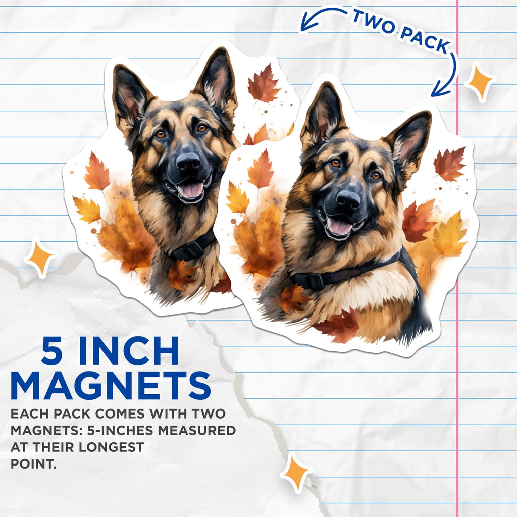 (2 Pack) German Shepherd Magnets - Autumn Dog Lover Decor - Fall Foliage Pet Art - 5 Inches On Longest Side - Thick Durable Magnet - Made in USA - MAG29790