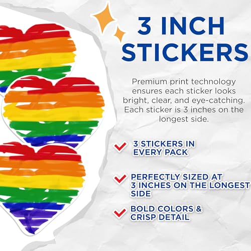 (3 Pack) Rainbow Heart Decals - LGBT Pride - Laptop Stickers - 3 Inches On Longest Side - Easy Peel & Apply - Made in USA - 3MCS1182