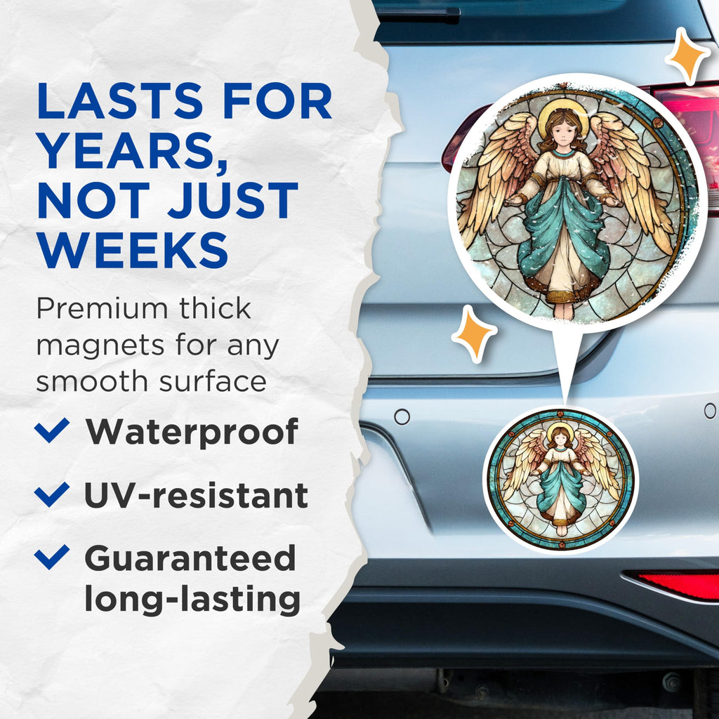 (2 Pack) Angel Magnets - Stained Glass Decor - Religious Artwork - 5" On Longest Side - Premium Magnet - for Cars, Refrigerators, Toolboxes, Lockers - Made in USA - MAG14316