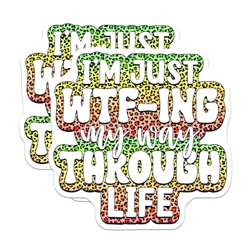 (2 Pack) WTF-ing My Way Through Life Stickers - Funny Quote Stickers - Rainbow Leopard Print Stickers - 5" On Longest Side - Sticks to Smooth Flat Surfaces - Made in USA - BMCS4105