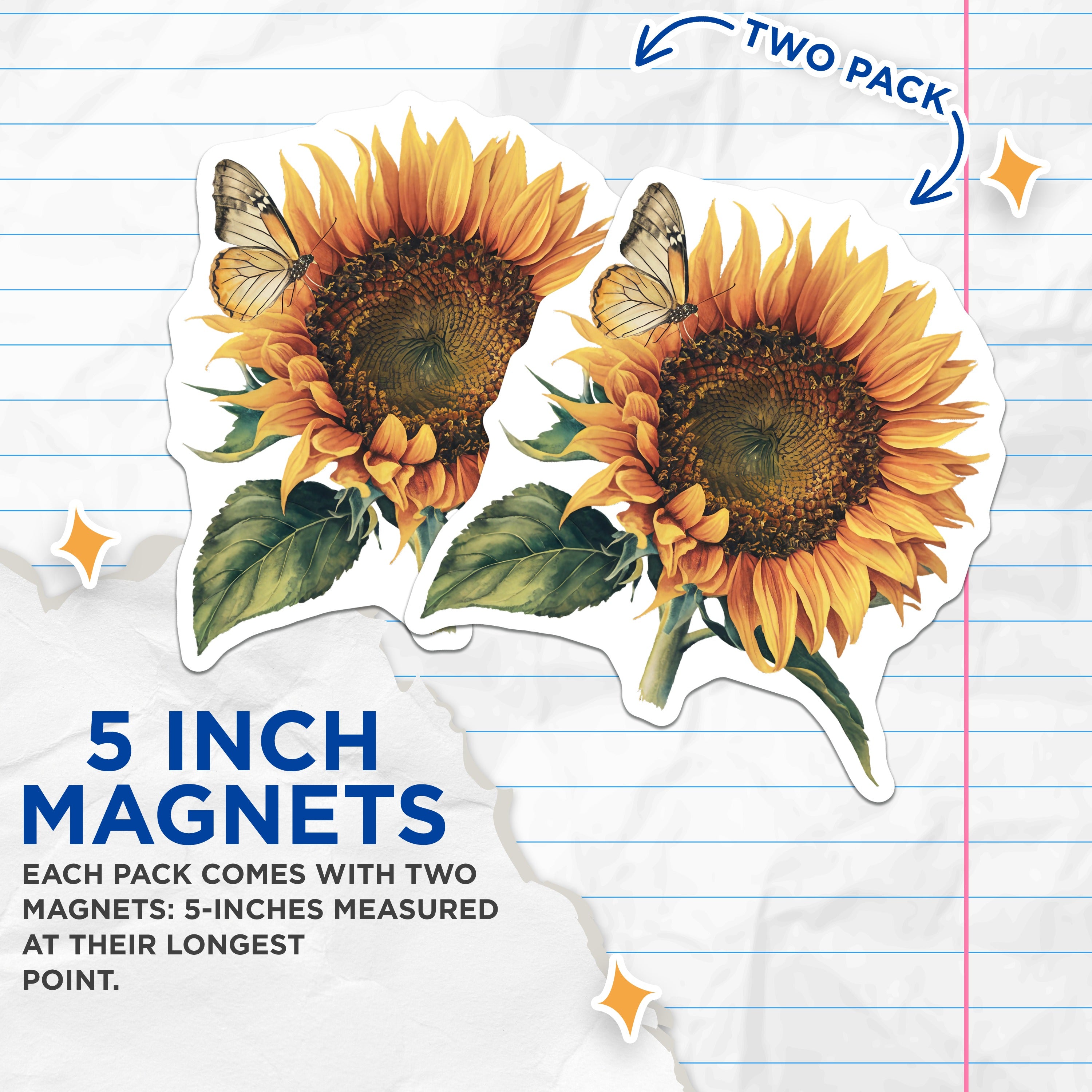 (2 Pack) Sunflower Butterfly Magnets - Floral Kitchen Decor - Nature Lover Refrigerator Art - 5 Inches On Longest Side - Thick Durable Magnet - Made in USA - MAG39419