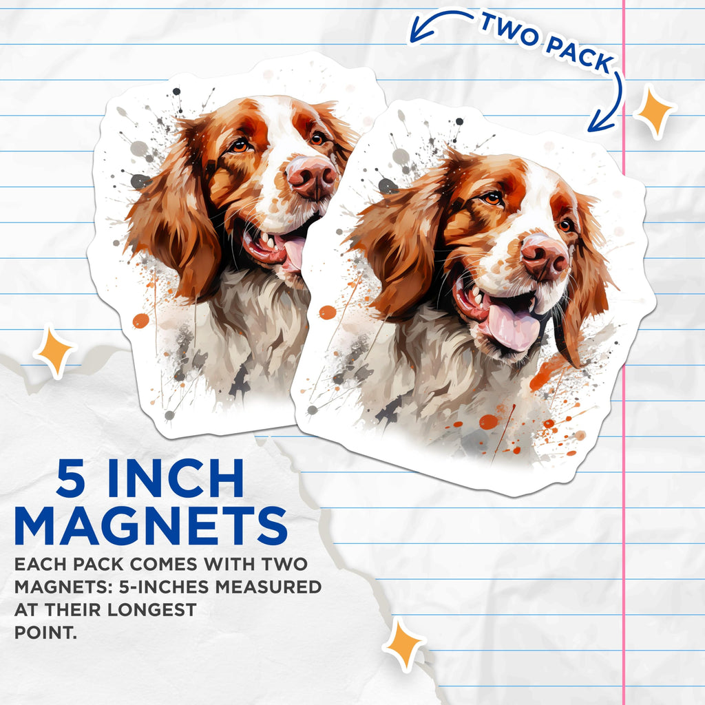 (2 Pack) Brittany Spaniel Dog Magnets - Watercolor Pet Lover Art - Happy Dog Mom Decor - 5 Inches On Longest Side - Thick Durable Magnet - Made in USA - MAG27924