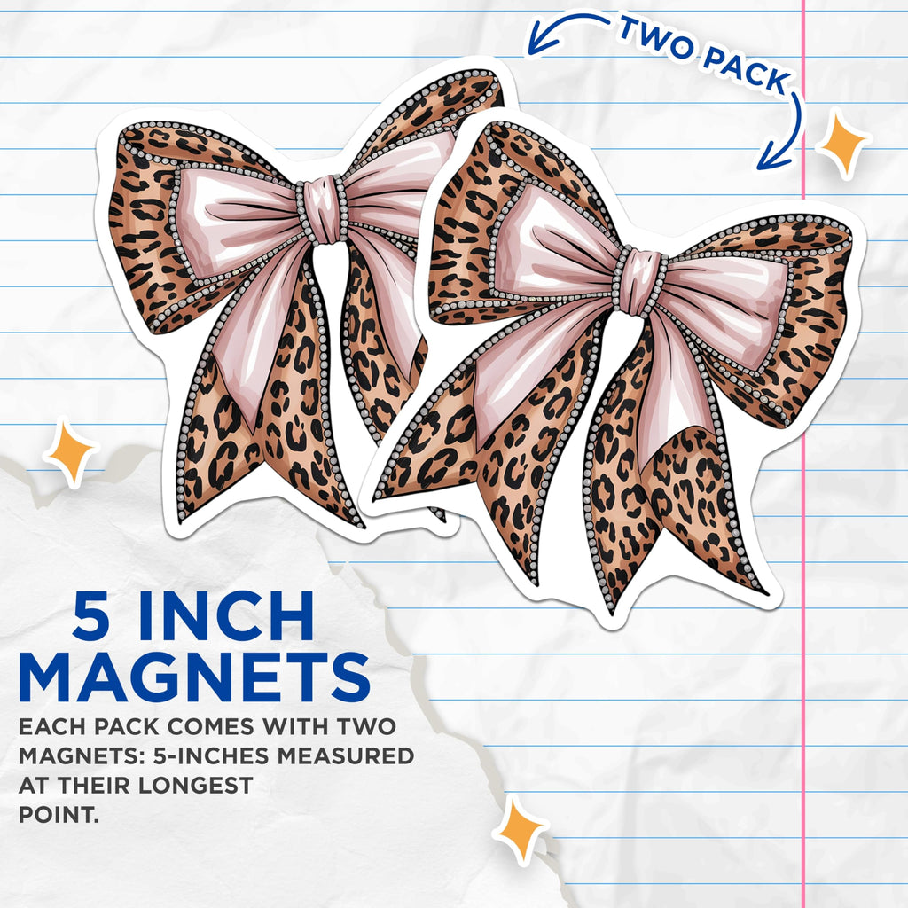 (2 Pack) Leopard Print Bow Magnets - Pink Pearl Embellished Glam Decor - Chic Animal Pattern Accessory - 5 Inches On Longest Side - Thick Durable Magnet - Made in USA - MAG21083