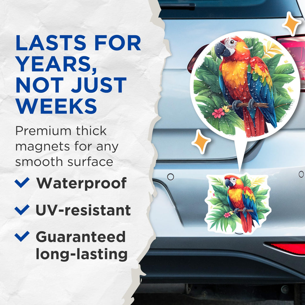 (2 Pack) Scarlet Macaw Parrot Magnets - Colorful Tropical Bird Art - Exotic Jungle Wildlife Nature Decor Display - 5 Inches On Longest Side - Thick Durable Magnet - Made in USA - MAG24118