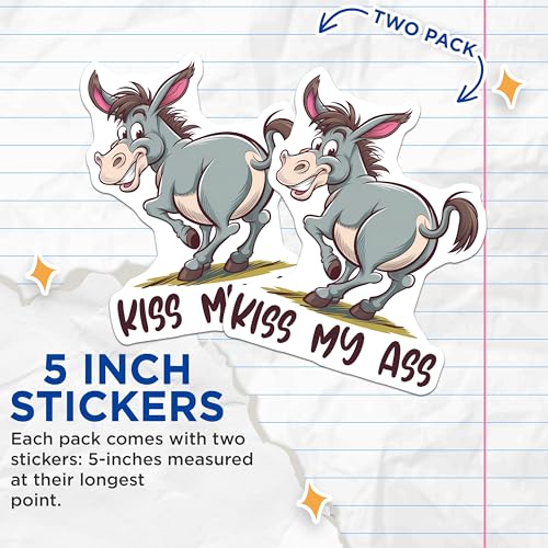 (2 Pack) Kiss My Ass Stickers - Funny Animal Stickers - Humorous Vinyl Decals - 5" On Longest Side - Sticks to Any Smooth Flat Surface - Made in USA - BMCS3330