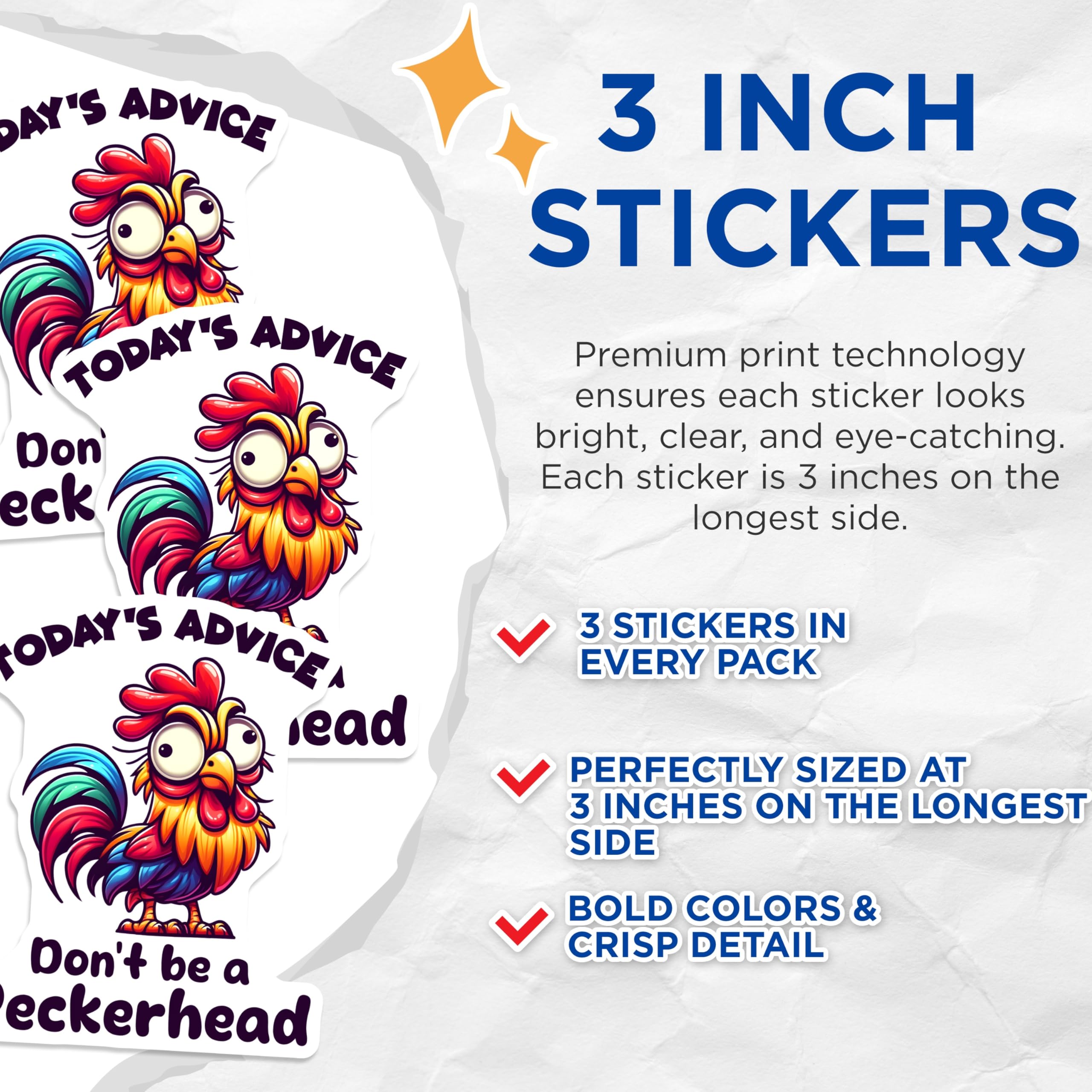 (3 Pack) Funny Chicken Decals - Quirky Rooster Stickers - Sarcastic Animal Advice - 3 Inches On Longest Side - Easy Peel & Apply - Made in USA - 3MCS4433