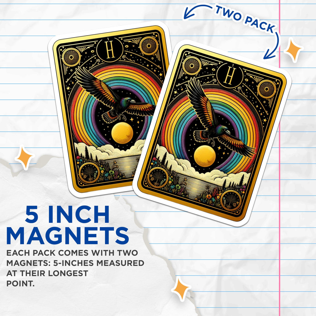 (2 Pack) Vibrant Rainbow Bird Magnets - Mystical Flying Raven Decor - Ornate Golden Tarot Style Celestial Fridge Artwork - 5 Inches On Longest Side - Thick Durable Magnet - Made in USA - MAG22097