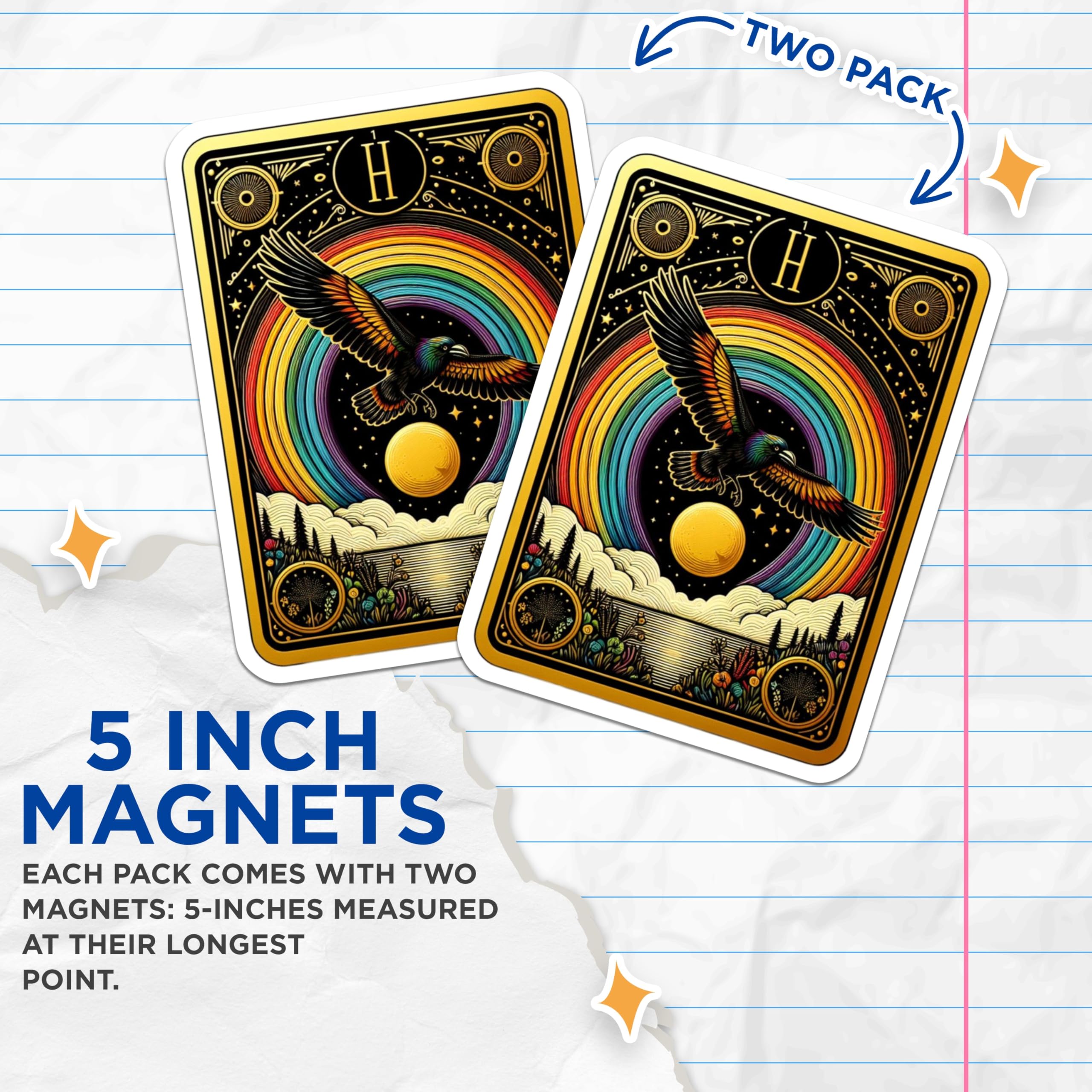 (2 Pack) Vibrant Rainbow Bird Magnets - Mystical Flying Raven Decor - Ornate Golden Tarot Style Celestial Fridge Artwork - 5 Inches On Longest Side - Thick Durable Magnet - Made in USA - MAG22097