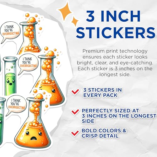 (3 Pack) Overreacting Science Decals - Funny Chemistry - Lab Humor Decals - 3 Inches On Longest Side - Easy Peel & Apply - Made in USA - 3MCS6777