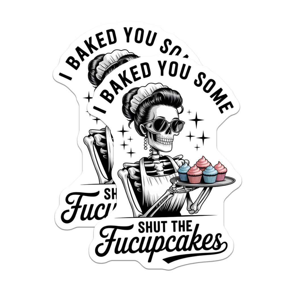 (2 Pack) Shut The Fucupcakes Stickers - Skeleton Pin Up Baker - Funny Sarcastic Quote - 5" On Longest Side - Sticks to Smooth Flat Surfaces - Made in USA - BMCS20880