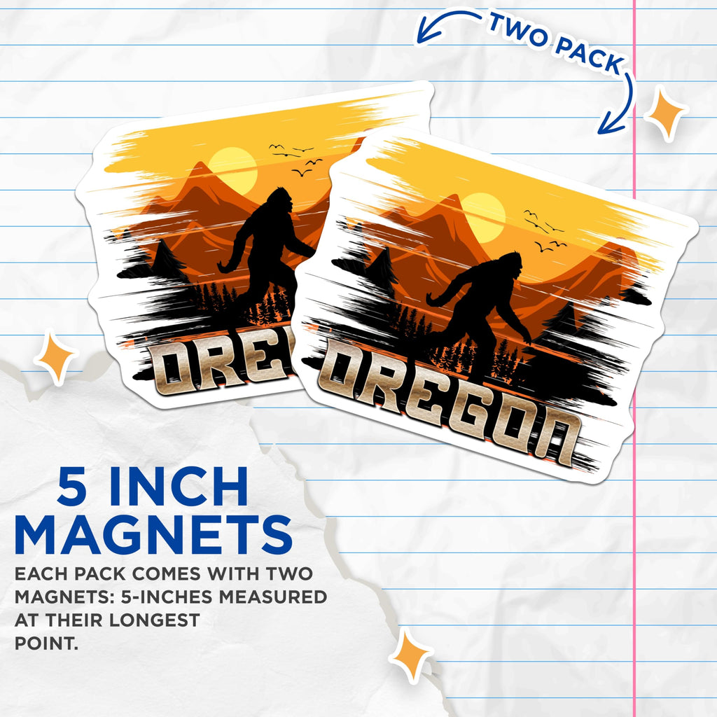 (2 Pack) Oregon Bigfoot Magnets - Sasquatch Mountain Forest Scene - PNW Adventure Cryptid Legend - 5 Inches On Longest Side - Thick Durable Magnet - Made in USA - MAG20272