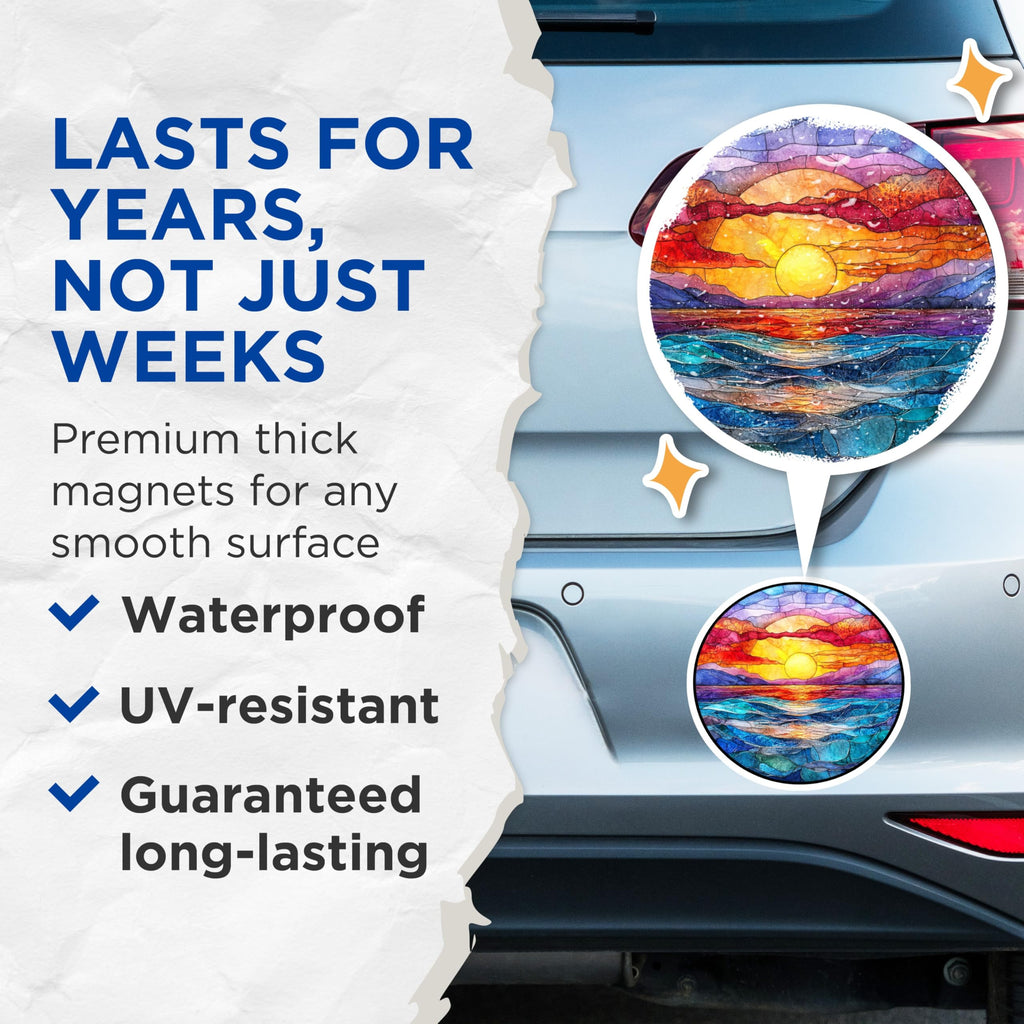 (2 Pack) Stained Glass Sunset Magnets - Watercolor Ocean Mountain Art - Coastal Kitchen Decor - 5 Inches On Longest Side - Thick Durable Magnet - Made in USA - MAG26989