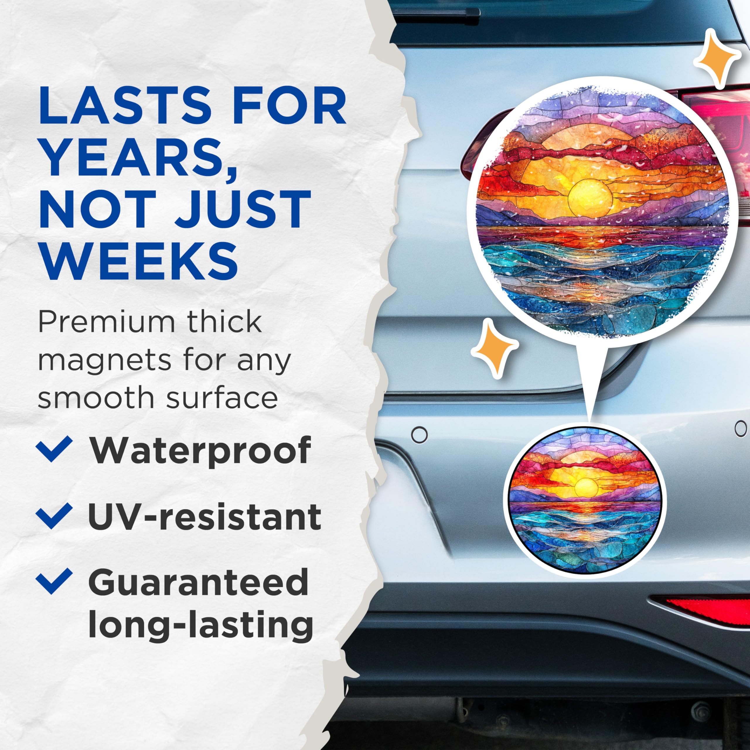 (2 Pack) Stained Glass Sunset Magnets - Watercolor Ocean Mountain Art - Coastal Kitchen Decor - 5 Inches On Longest Side - Thick Durable Magnet - Made in USA - MAG26989