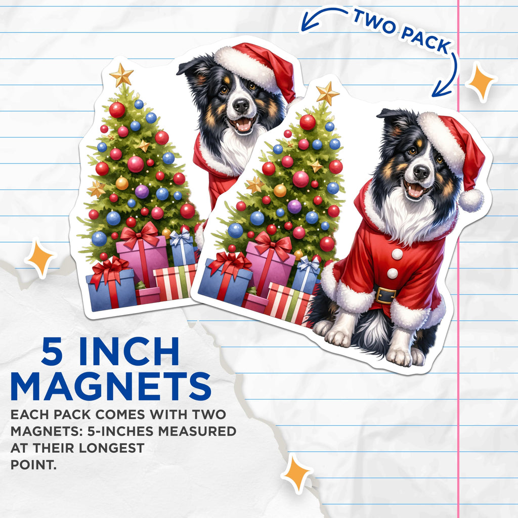 (2 Pack) Santa Dog Magnets - Christmas Collie Decor - Holiday Pet Refrigerator Art - 5 Inches On Longest Side - Thick Durable Magnet - Made in USA - MAG30857