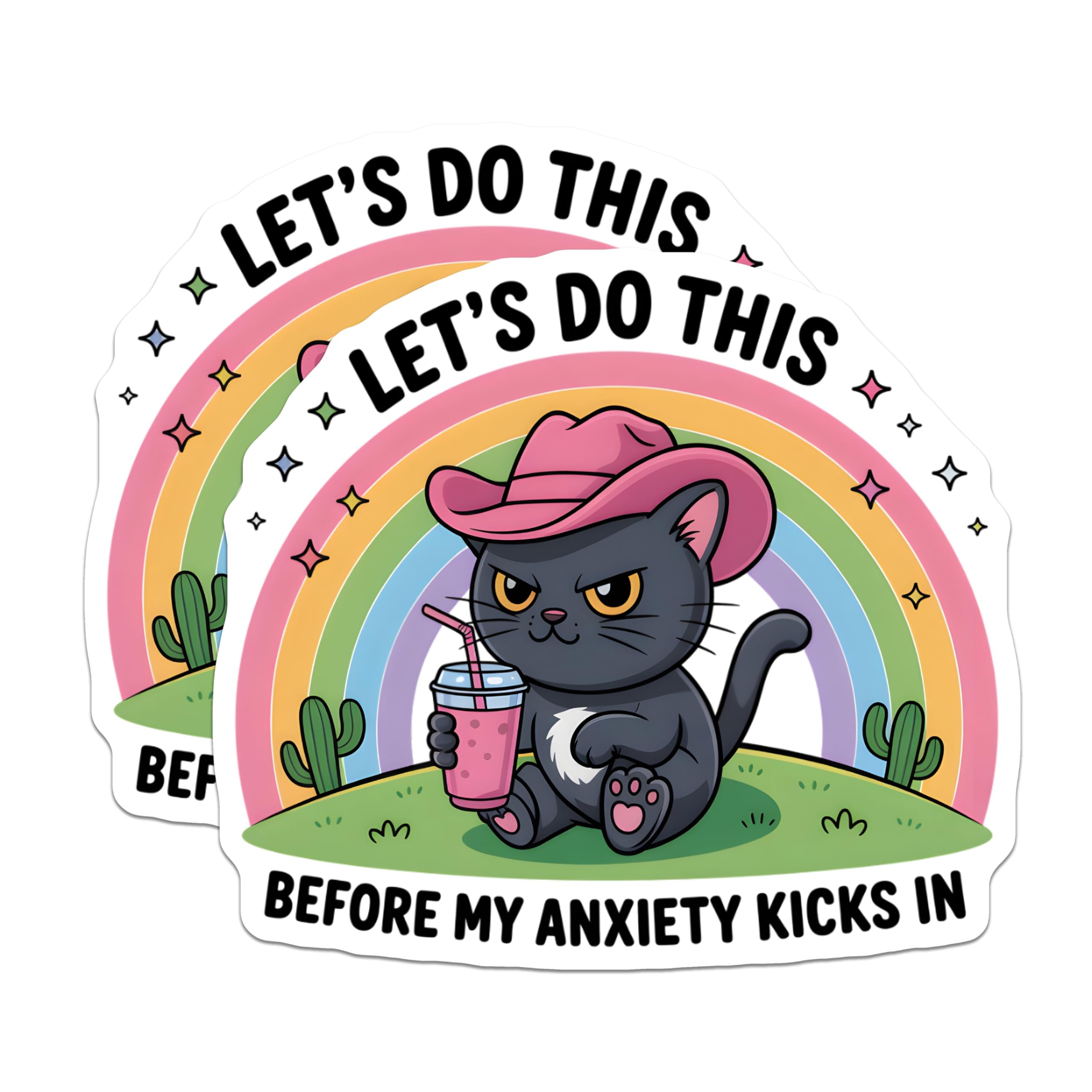 (2 Pack) Funny Cat Magnets - Let's Do This Before My Anxiety Kicks in Quote Decor - Pink Cowboy Hat Kitty Rainbow Cacti - 5 Inches On Longest Side - Thick Durable Magnet - Made in USA - MAG22488