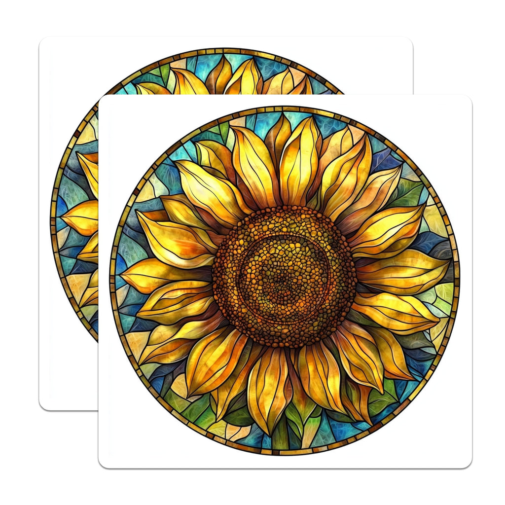 (2 Pack) Vibrant Stained Glass Sunflower Magnets - Artistic Floral Mandala Decor - Boho Kitchen Refrigerator Art - 5 Inches On Longest Side - Thick Durable Magnet - Made in USA - MAG23959