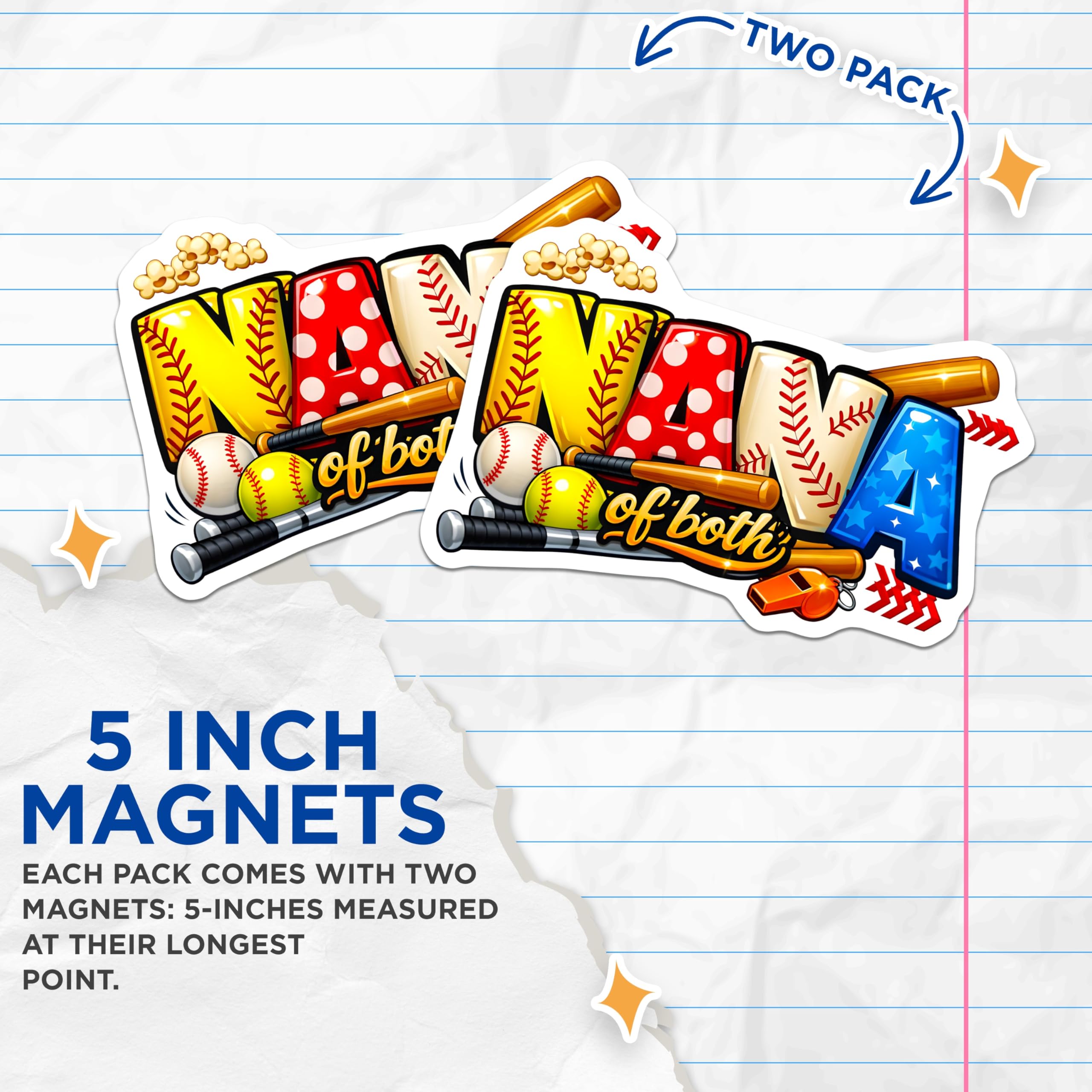 (2 Pack) Nana of Both Baseball Softball Magnets - Grandma Sports Fan Decor - Refrigerator Appliance Magnets - 5 Inches On Longest Side - Thick Durable Magnet - Made in USA - MAG24047