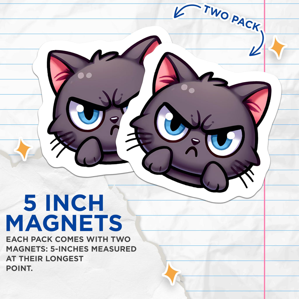 (2 Pack) Grumpy Black Cat Magnets - Angry Kitty Refrigerator Decor - Cute Feline Aesthetic - 5 Inches On Longest Side - Thick Durable Magnet - Made in USA - MAG22343