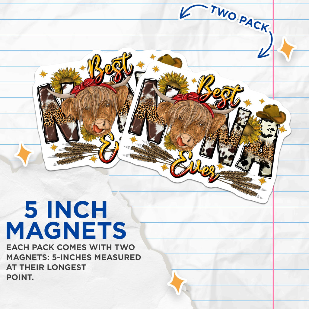 (2 Pack) Highland Cow Mama Magnets - Best Mama Ever Decor - Rustic Cow Print Refrigerator Magnets - 5 Inches On Longest Side - Thick Durable Magnet - Made in USA - MAG30528
