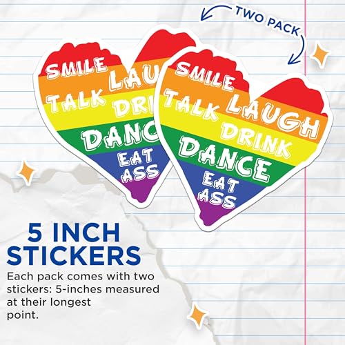 (2 Pack) Rainbow Pride Stickers - Funny LGBTQ Stickers - Smile Talk Laugh Drink Dance Eat Stickers - 5" On Longest Side - Sticks to Smooth Flat Surfaces - Made in USA - BMCS4715