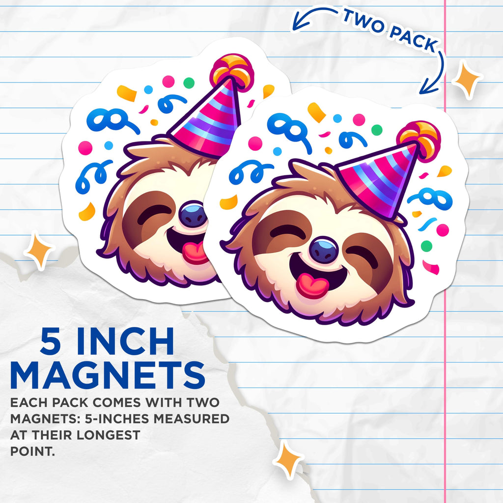 (2 Pack) Party Sloth Magnets - Birthday Celebration - Happy Animal Decor - 5 Inches On Longest Side - Thick Durable Magnet - Made in USA - MAG20878
