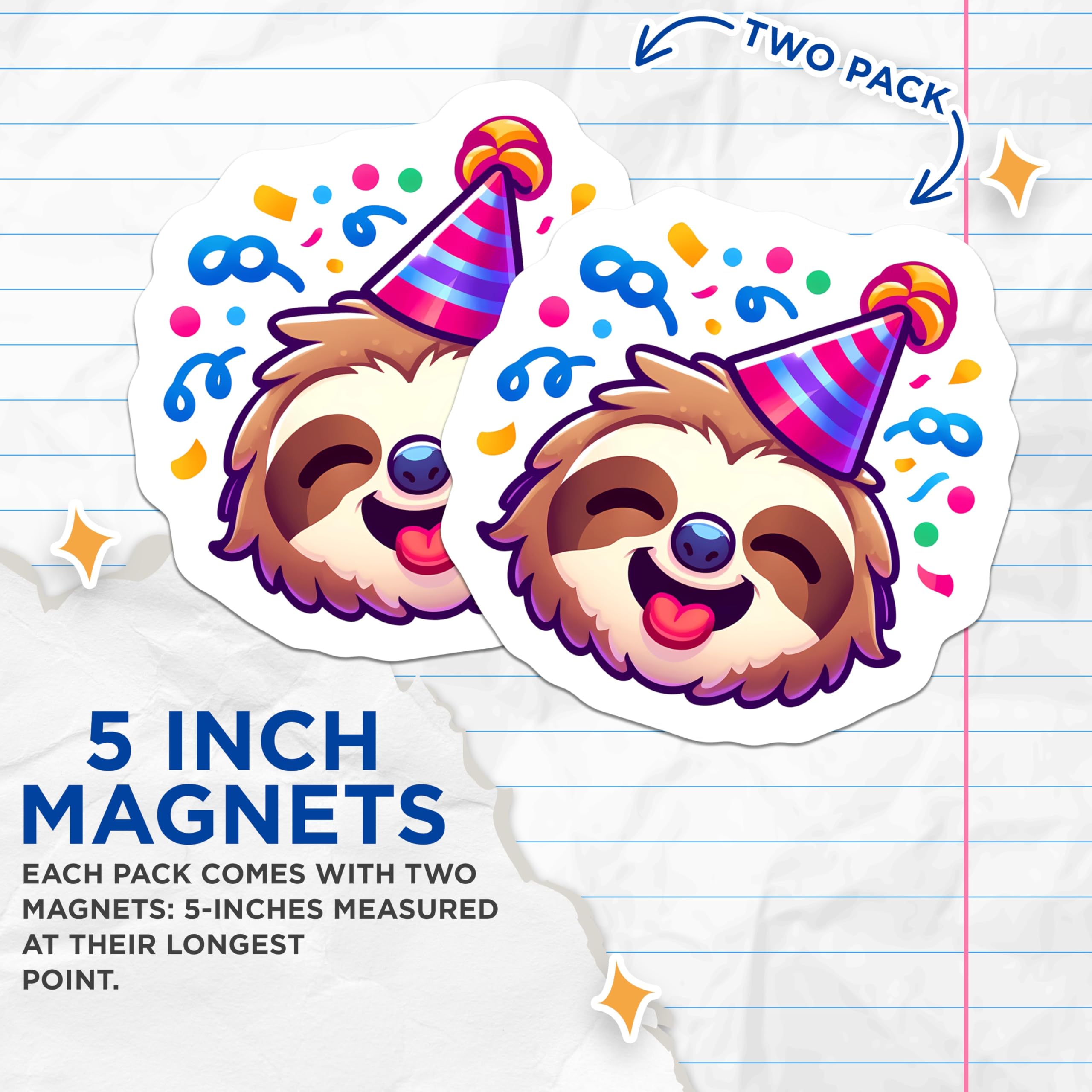 (2 Pack) Party Sloth Magnets - Birthday Celebration - Happy Animal Decor - 5 Inches On Longest Side - Thick Durable Magnet - Made in USA - MAG20878