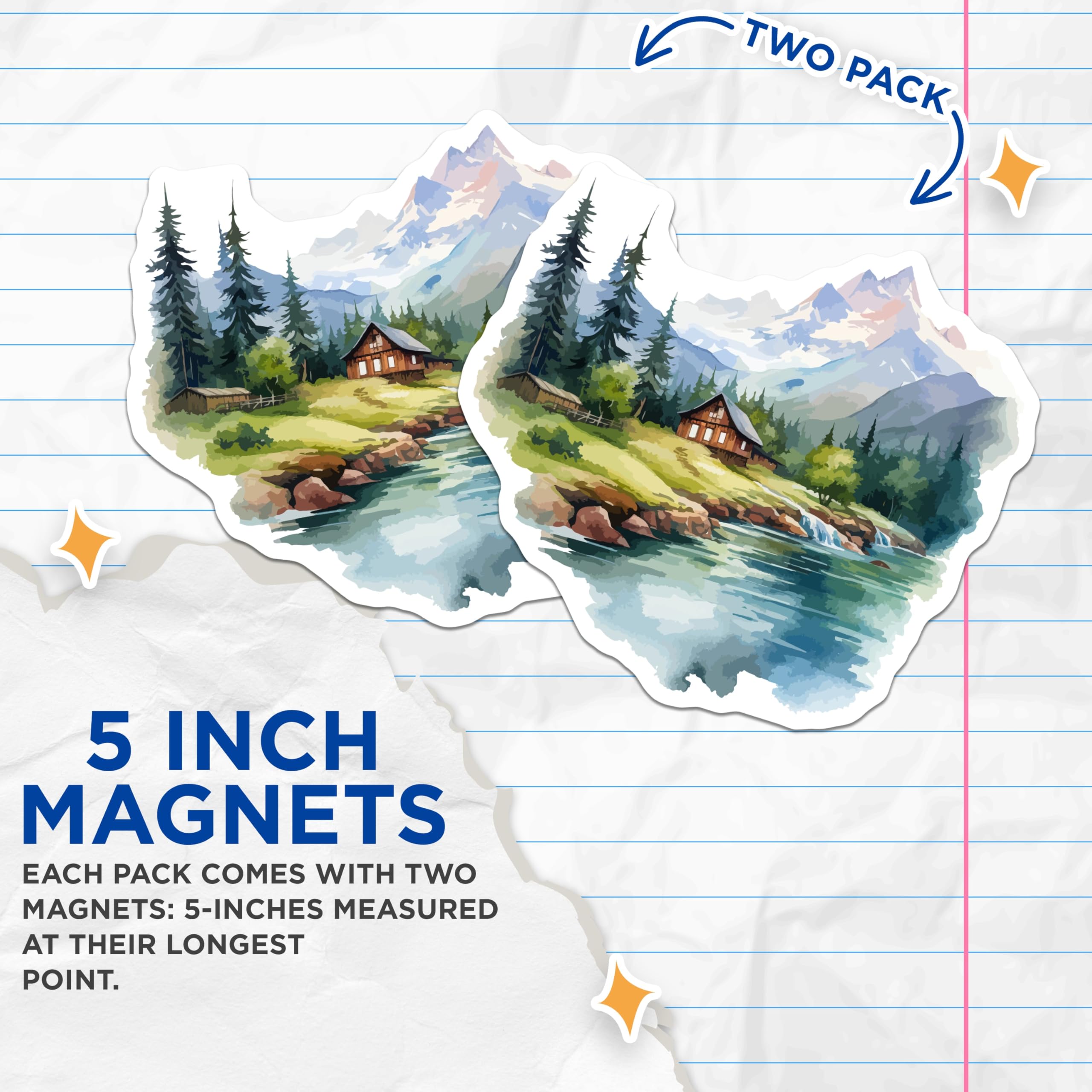 (2 Pack) Scenic Mountain Cabin Art Magnets - Serene Alpine Landscape Decor - Tranquil River Forest View Accessory - 5 Inches On Longest Side - Thick Durable Magnet - Made in USA - MAG19660