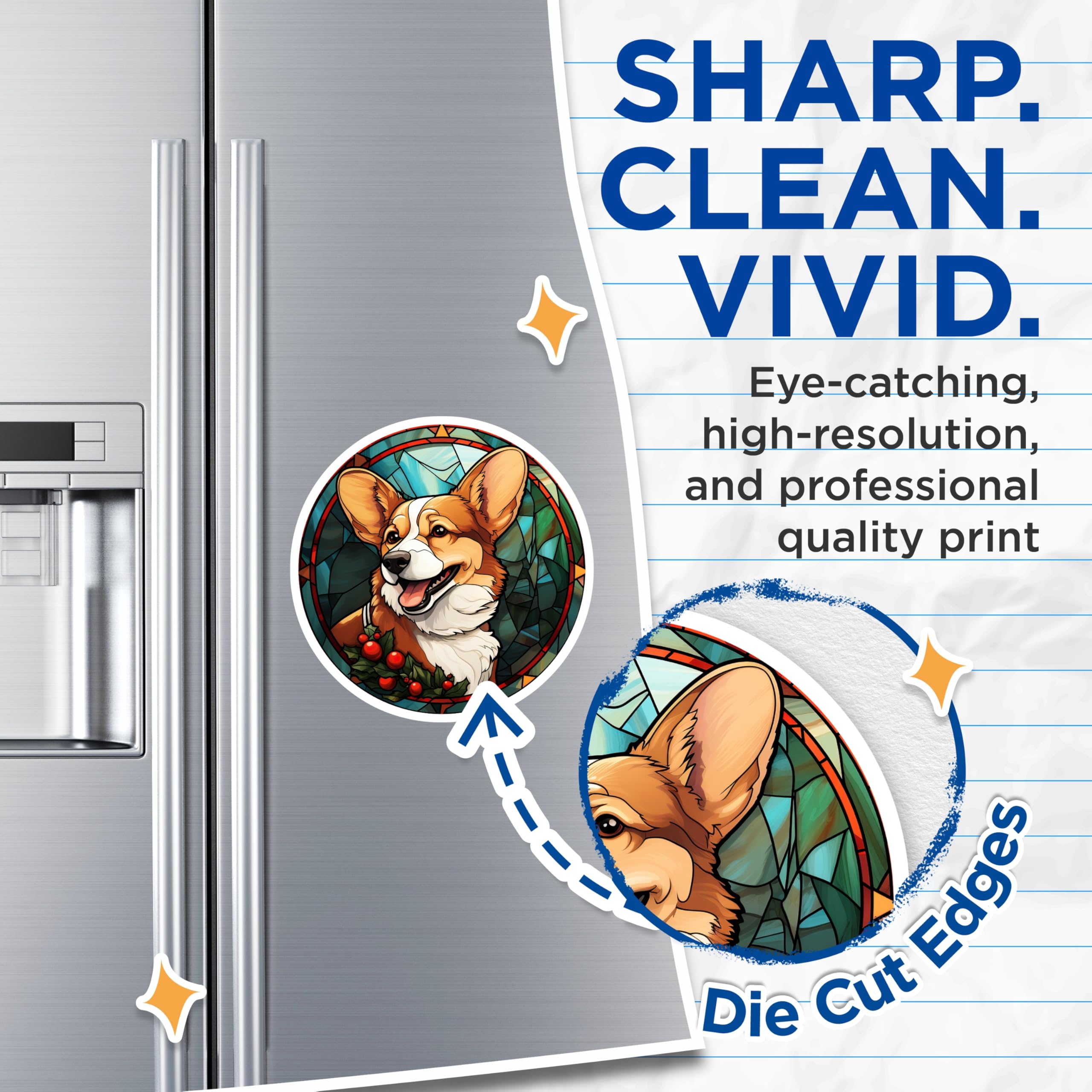 (2 Pack) Corgi Stained Glass Magnets - Christmas Dog Decor - Refrigerator Holiday Art - 5 Inches On Longest Side - Thick Durable Magnet - Made in USA - MAG23720