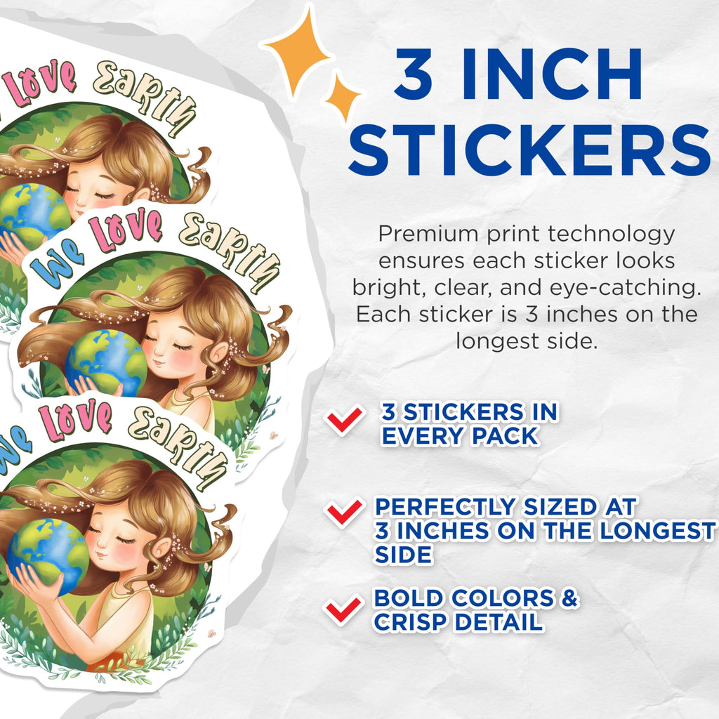 (3 Pack) Earth Day Decals - Girl Holding Earth - We Love Earth Stickers - 3 Inches On Longest Side - Easy Peel & Apply - Made in USA - 3MCS6447