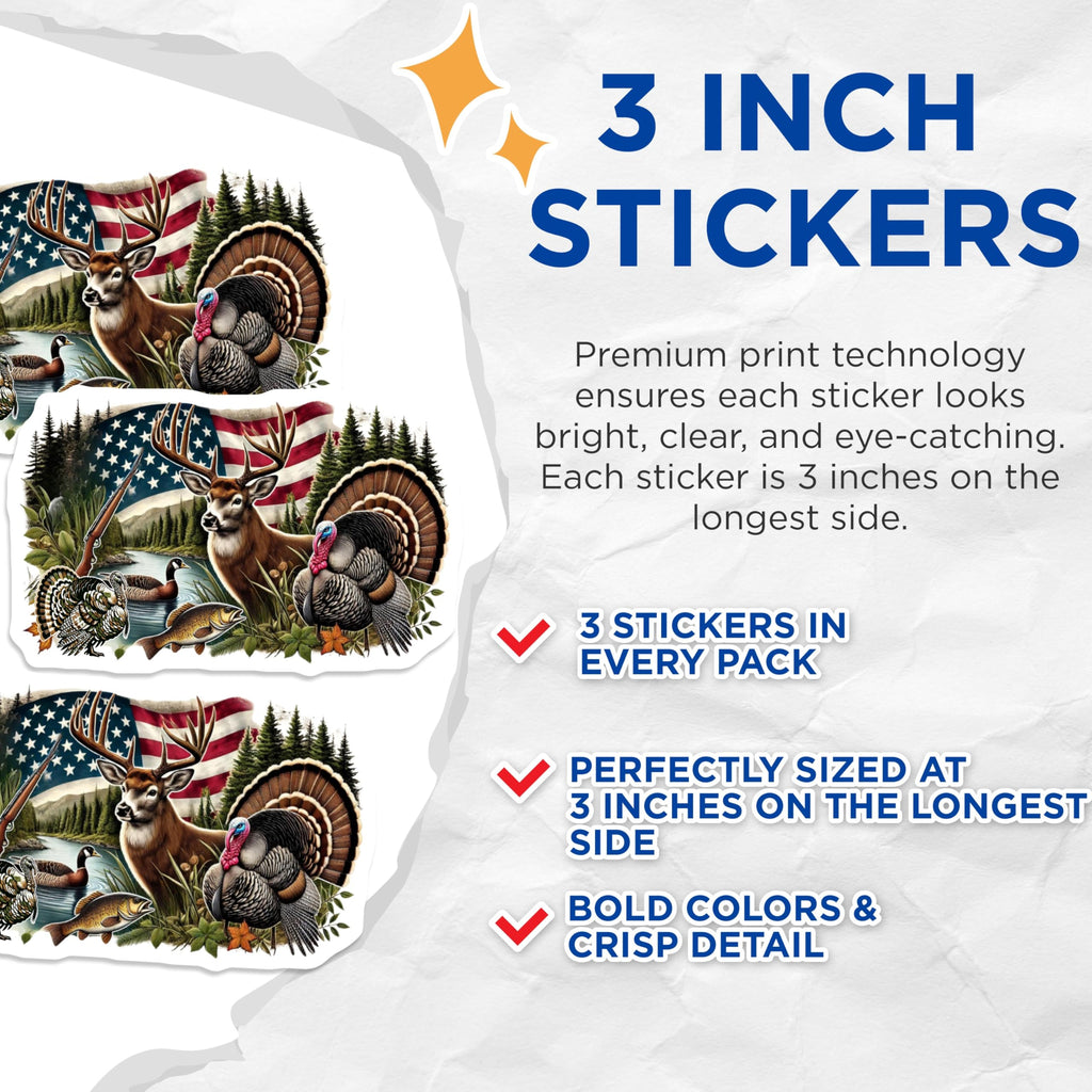 (3 Pack) American Wildlife Decals - Hunting Outdoors Sticker - Laptop Hunting Decal - 3 Inches On Longest Side - Easy Peel & Apply - Made in USA - 3MCS4786