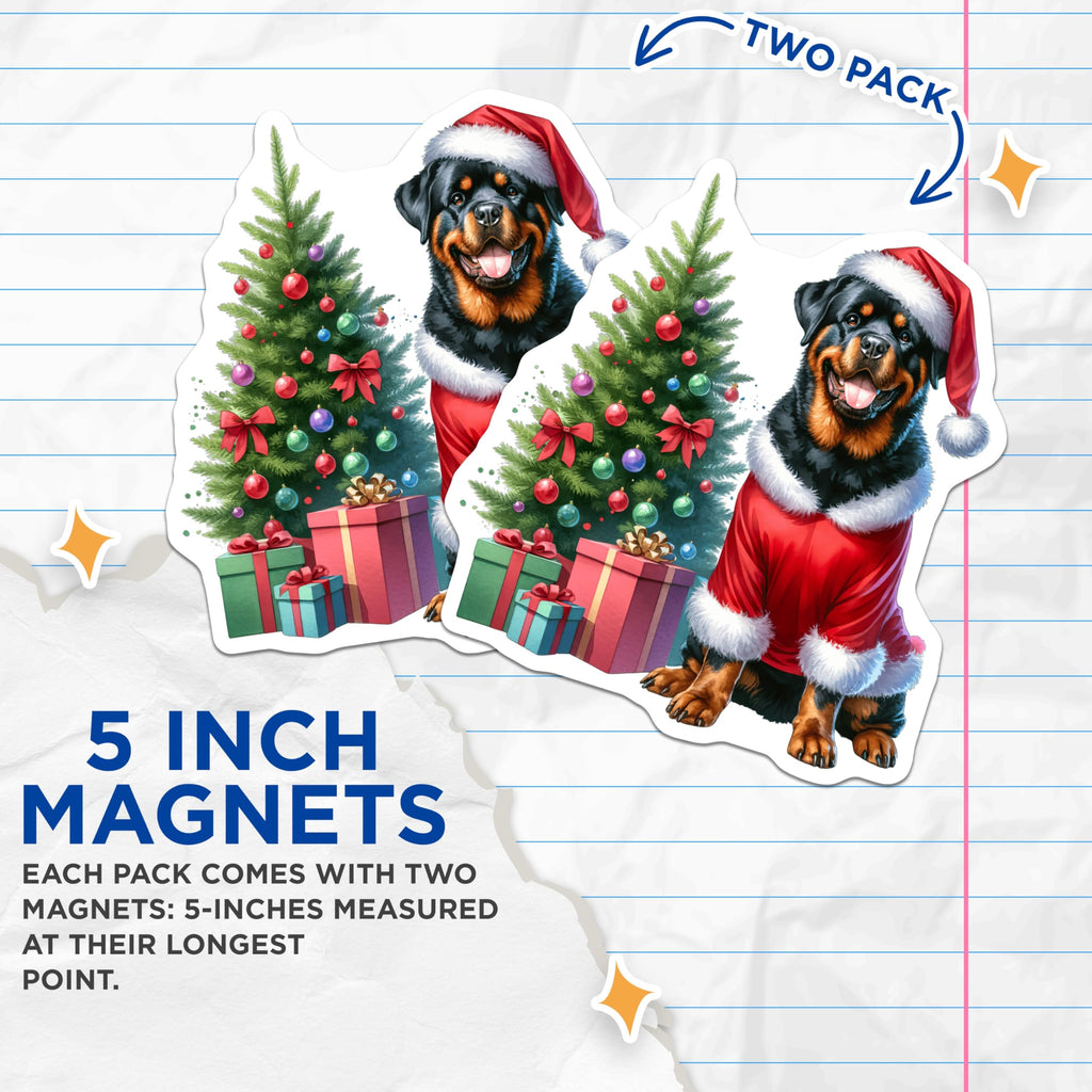 (2 Pack) Rottweiler Christmas Magnets - Santa Dog Refrigerator Decor - Festive Canine Holiday Accent - 5 Inches On Longest Side - Thick Durable Magnet - Made in USA - MAG24969