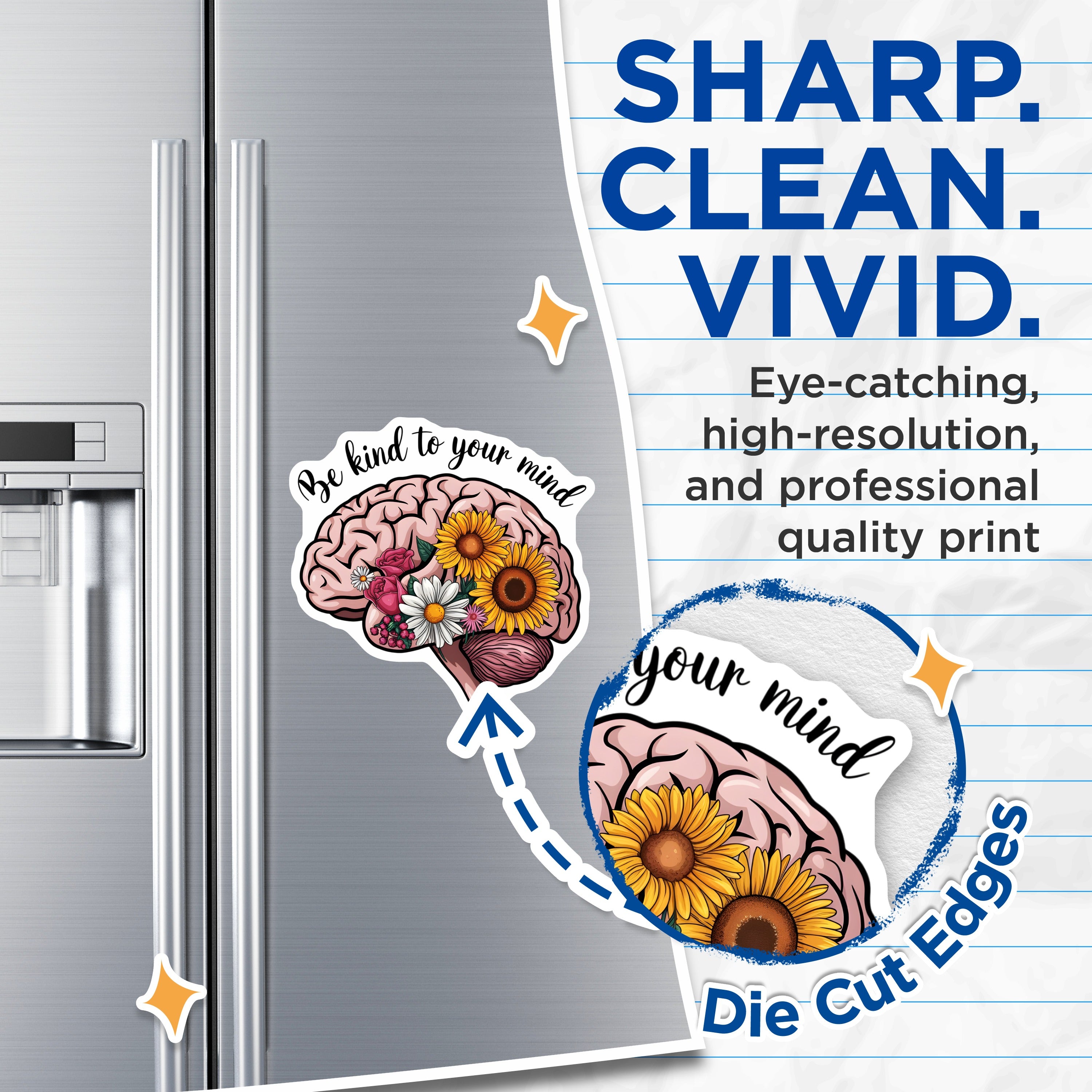 (2 Pack) Be Kind to Your Mind Magnets - Mental Health Awareness - Self Care Reminder - Floral Brain Art - 5 Inches On Longest Side - Thick Durable Magnet - Made in USA - MAG37953