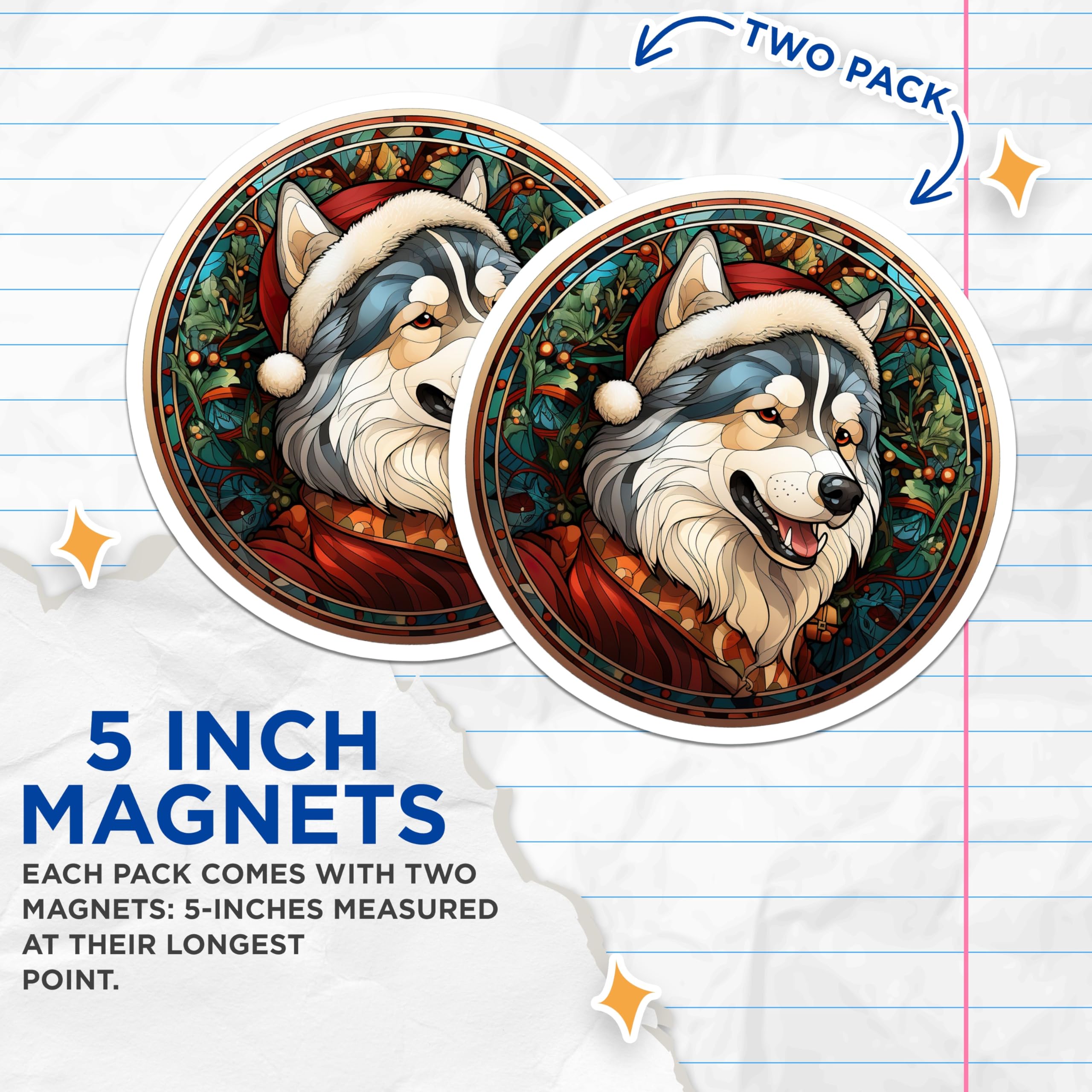 (2 Pack) Husky Christmas Magnets - Stained Glass Dog Art - Holiday Pet Lover Decor - 5 Inches On Longest Side - Thick Durable Magnet - Made in USA - MAG27887