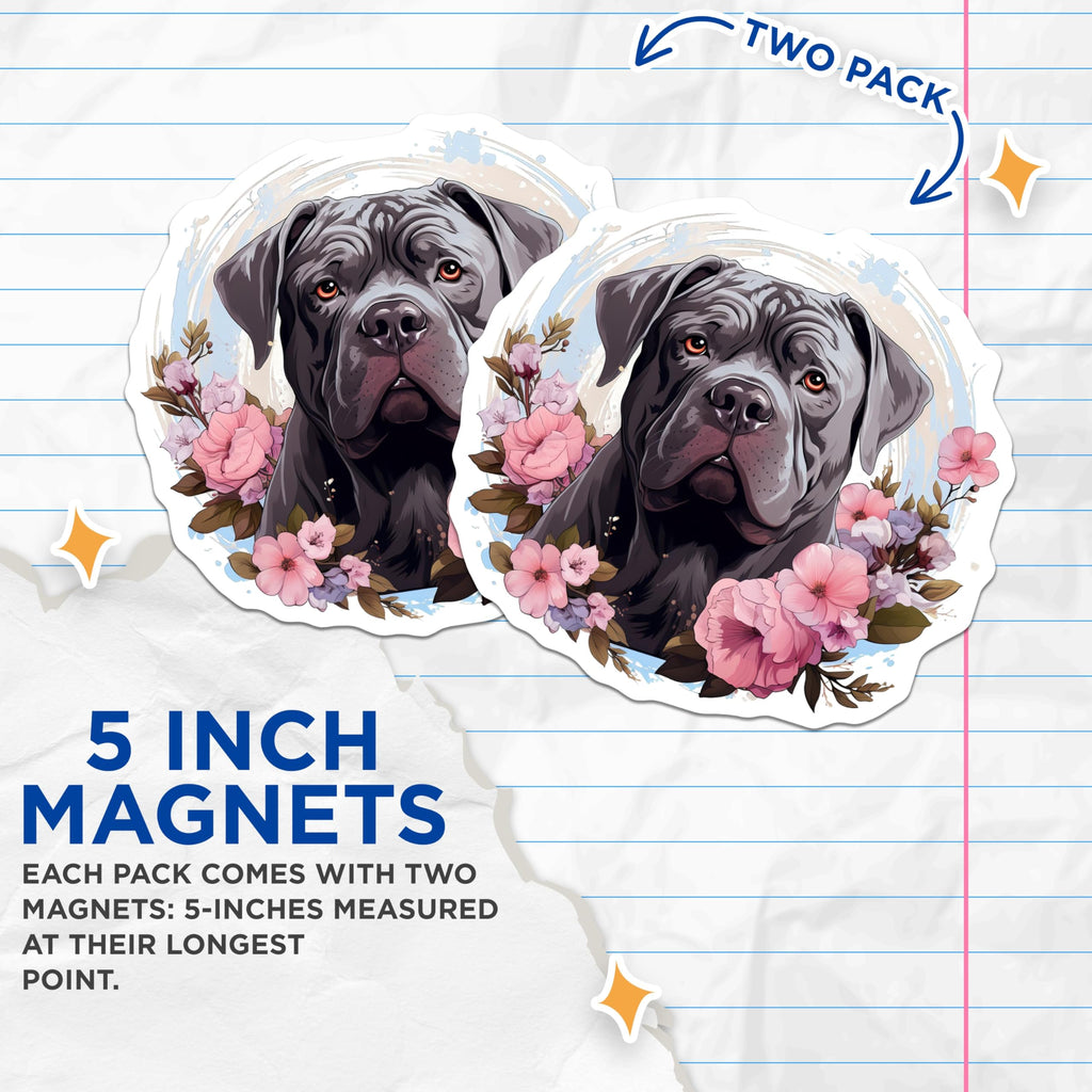 (2 Pack) Cane Corso Dog Magnets - Floral Animal Decor - Mastiff Lover Fridge Art - 5 Inches On Longest Side - Thick Durable Magnet - Made in USA - MAG30434