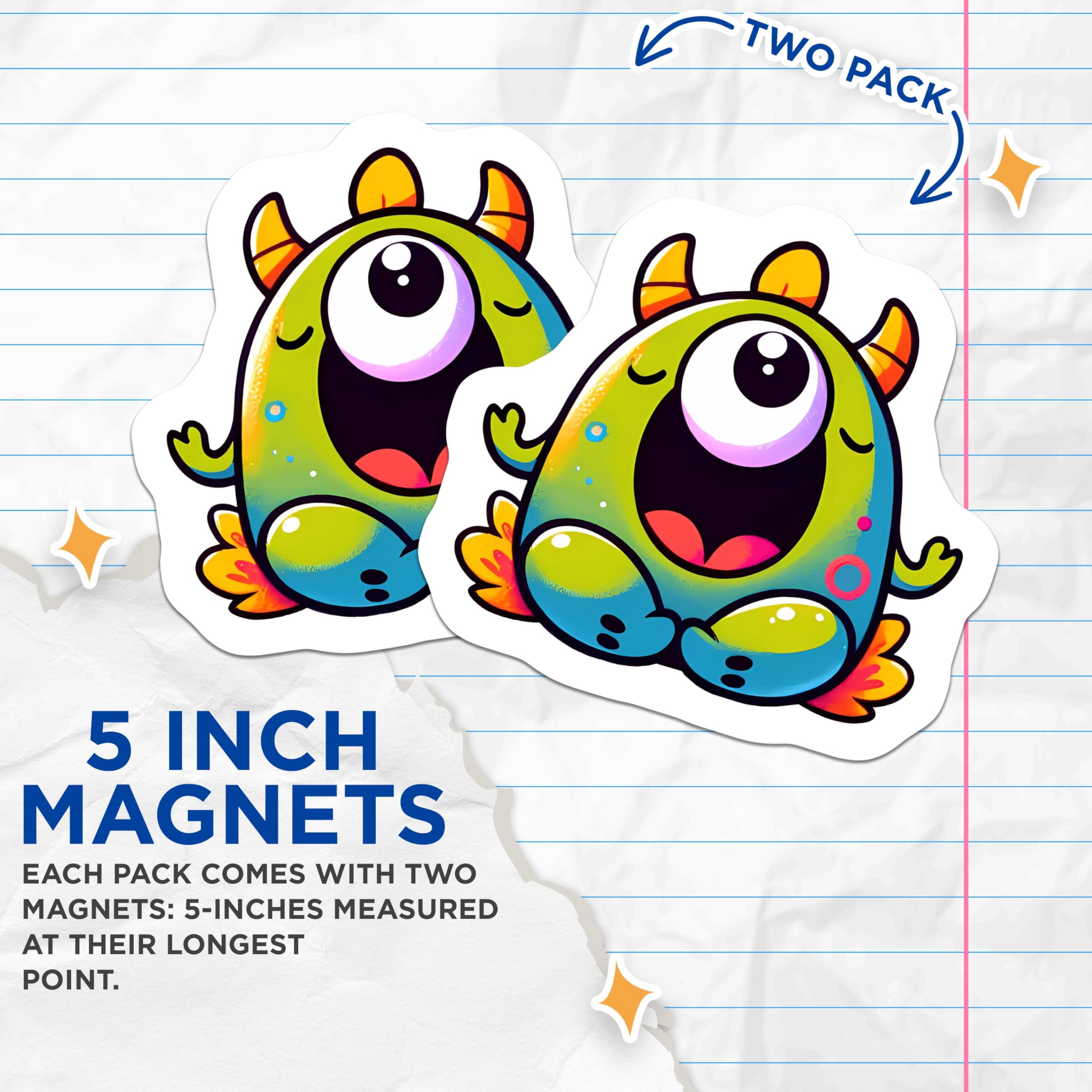 (2 Pack) Cute Cartoon Monster Magnets - Happy Alien Creature - One Eyed Critter - Whimsical Fridge Locker Decor - 5 Inches On Longest Side - Thick Durable Magnet - Made in USA - MAG21215