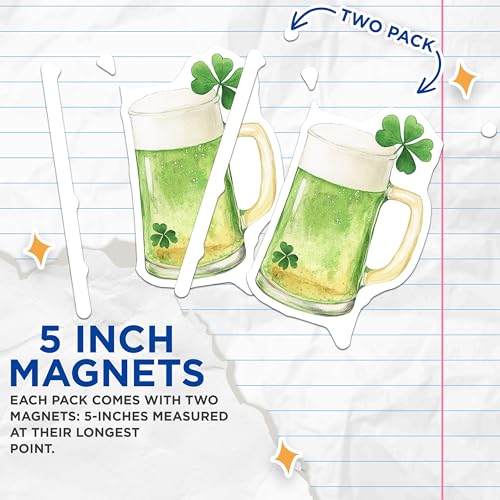 (2 Pack) St Patricks Day Beer Mug Magnets - Shamrock Beer Magnets - Irish Beer Decoration Magnets - 5" On Longest Side - for Cars, Refrigerators, Toolboxes, Lockers - Made in USA BMCS3486