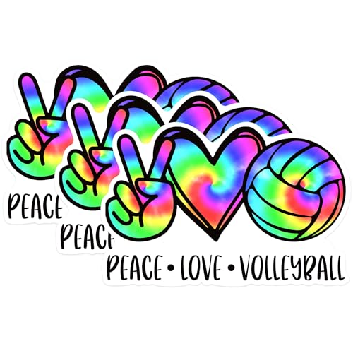 (3 Pack) Peace Love Volleyball Decals - Tie Dye Volleyball - Sports Team Decal - 3 Inches On Longest Side - Easy Peel & Apply - Made in USA - 3MCS1224
