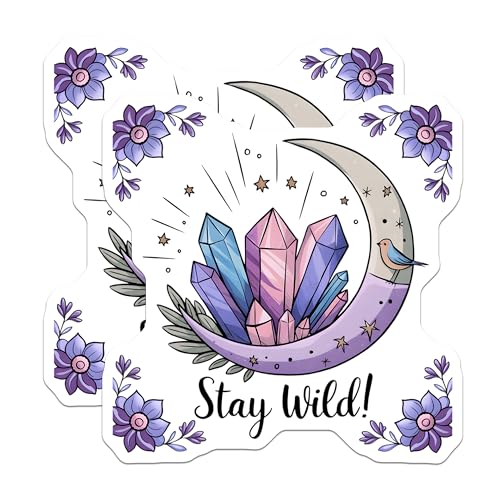 (2 Pack) Stay Wild Stickers - Moon Crystal Stickers - Boho Crystal Moon with Flowers - 5" On Longest Side - Sticks to Smooth Flat Surfaces - Made in USA - BMCS6536