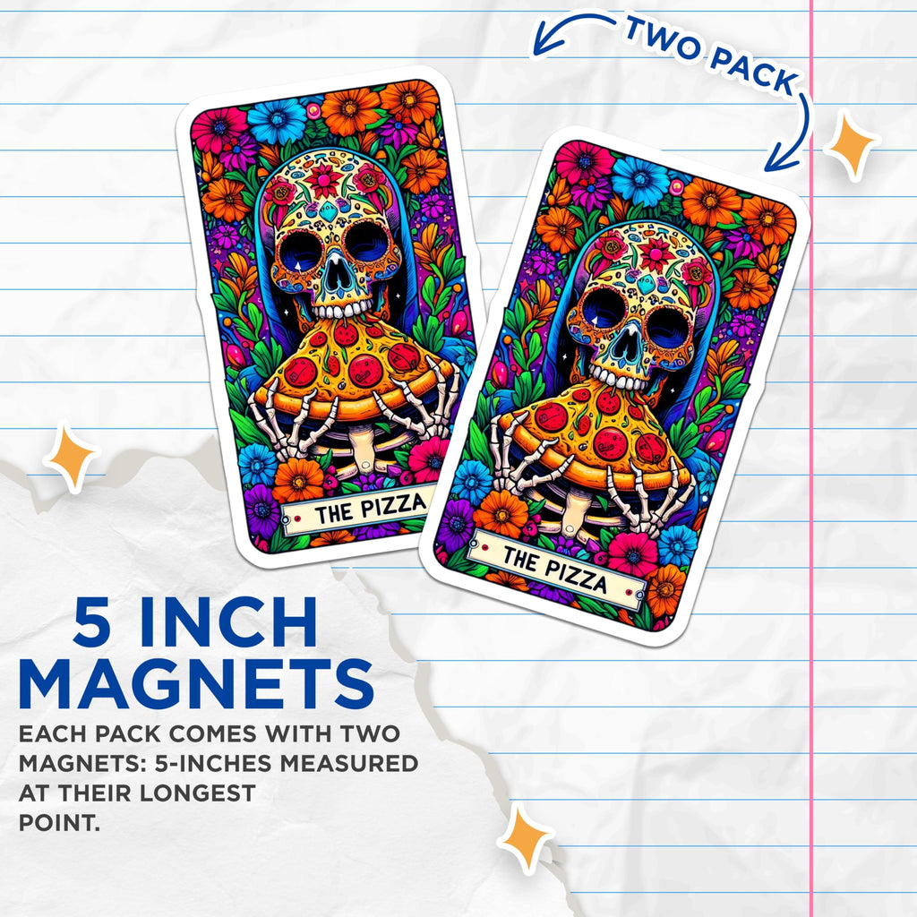 (2 Pack) Sugar Skull Pizza Magnets - Day of the Dead Art - Calavera Fridge Decor - Unique Kitchen Magnet - 5 Inches On Longest Side - Thick Durable Magnet - Made in USA - MAG27640