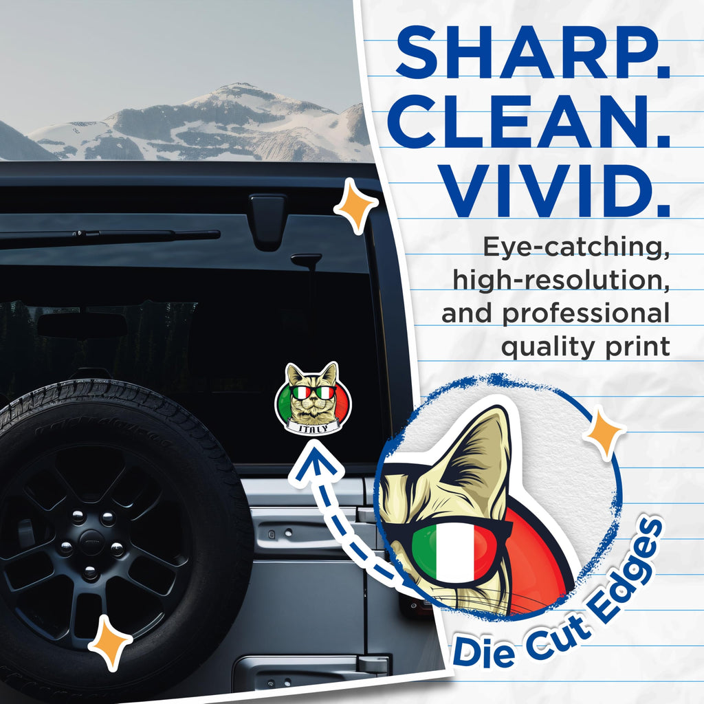 (2 Pack) Cat Italy Stickers - Italian Flag Sunglasses - Cool Kitten Decal - 5" On Longest Side - Sticks to Smooth Flat Surfaces - Made in USA - BMCS17888